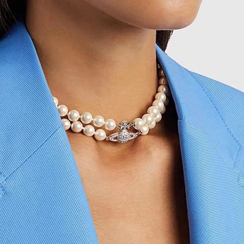 Gold Double Saturn Magnetic Necklace Pearl Beaded Diamond Planet Necklace
