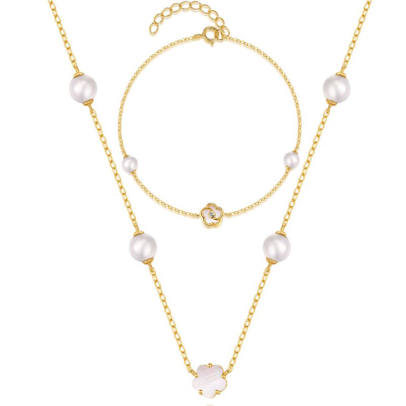 Conjunto De Pulsera Y Collar De Perlas Y Flores De Diamantes Plateados