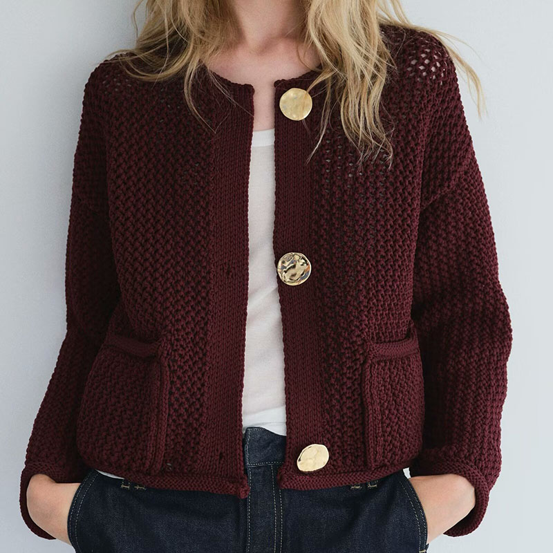 Wine Red Knitted Button-down Crew Neck Sweater