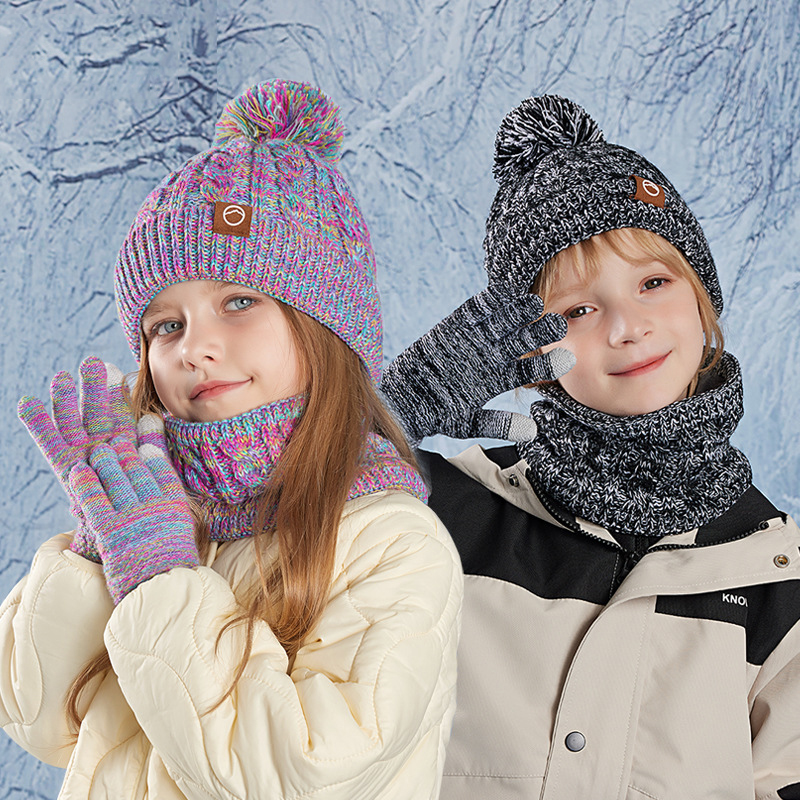 Two-tone Watermelon Red Acrylic Knitted Children's Scarf Gloves Woolen Hat Three-piece Set