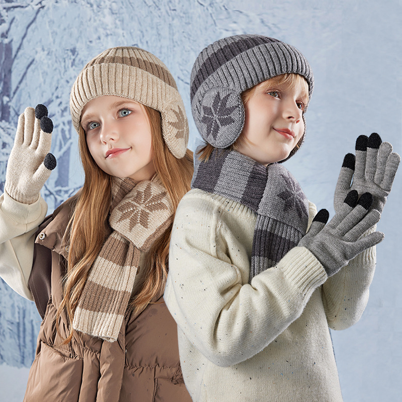 Black Polyester Striped Children's Gloves Scarf Beanie Hat Set