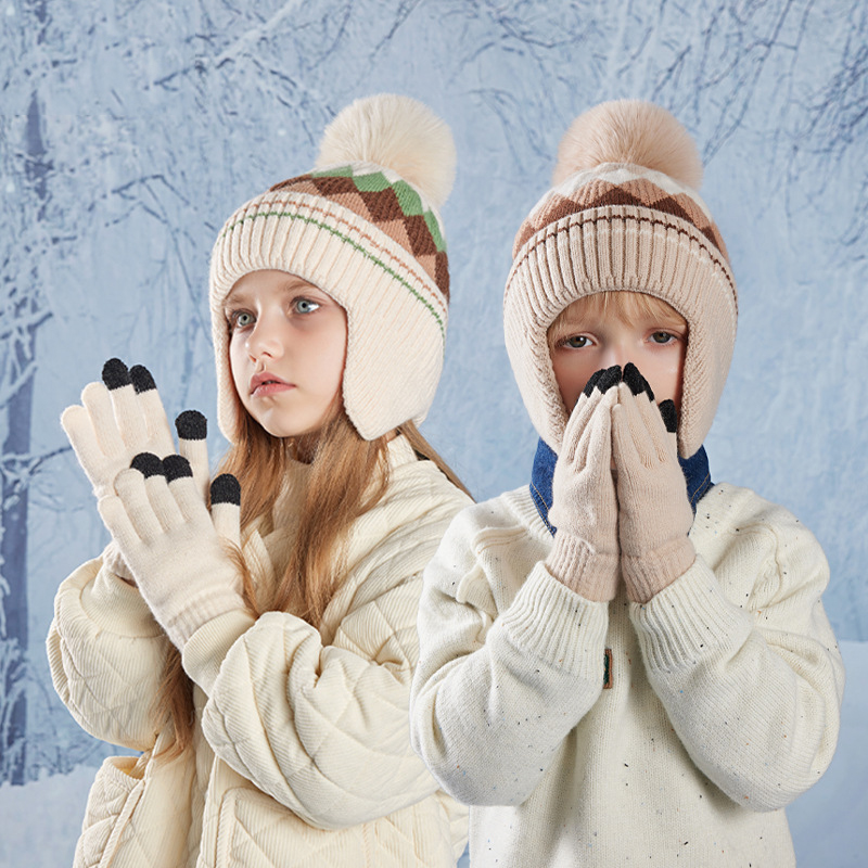 Black Colorful Diamond Knitted Children's Wool Hat And Gloves Two-piece Set