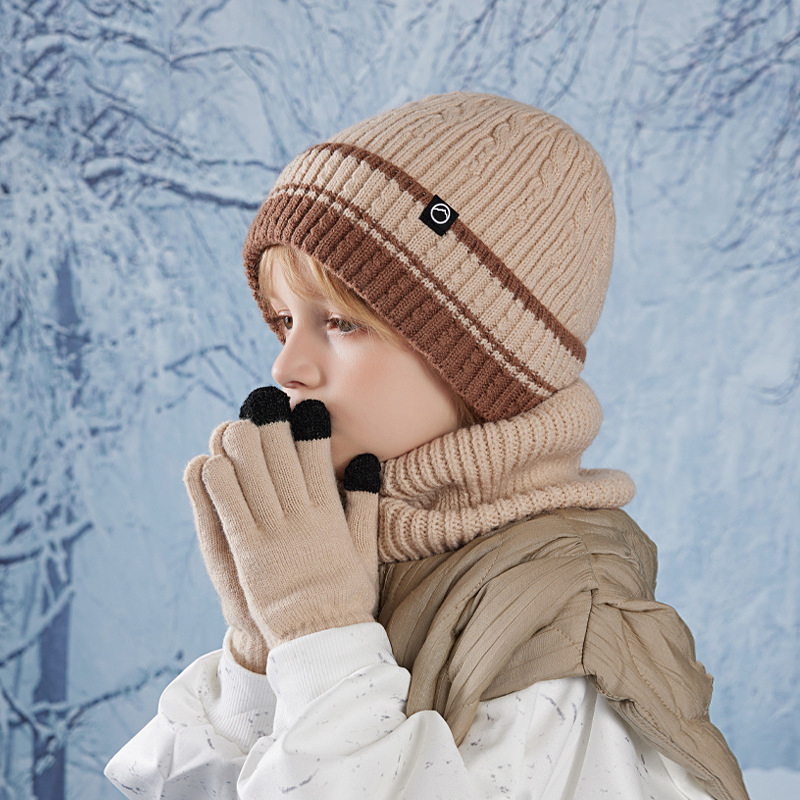 Coffee Acrylic Knitted Children's Beanie Hat Gloves And Neck Set