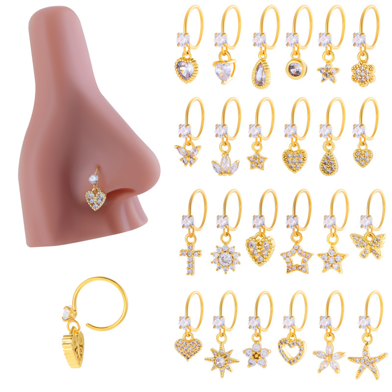 3#golden Metal Geometric Pierced Nose Ring With Diamonds