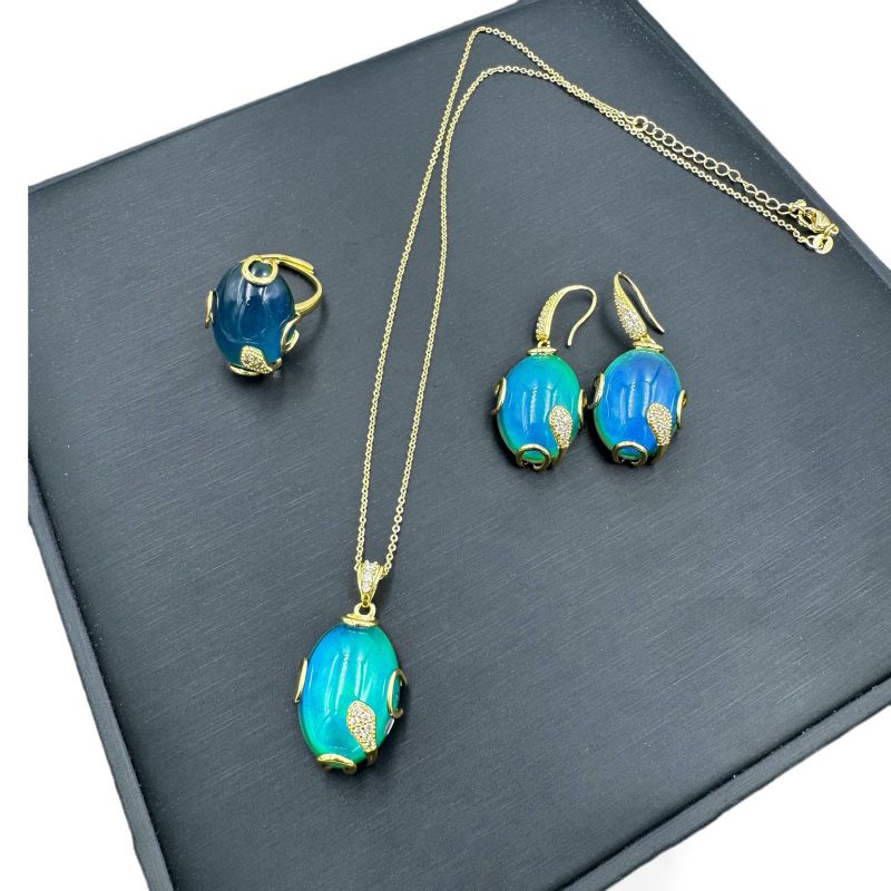Conjunto De Collar Aretes Y Anillo Sensibles A La Temperatura De Cristal Ovalado