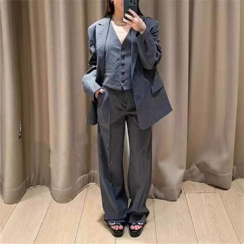 Pantalón Traje Poliéster Rayas Strass