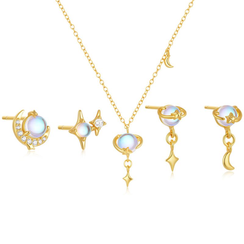 Juego De Aretes De Plata Con Estrella Y Luna Y Diamantes