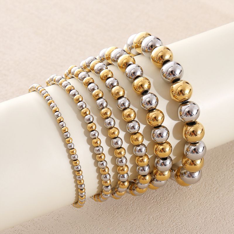 3mm Two-tone Gold And Steel Stainless Steel Beaded Bracelet For Men 18cm Stainless Steel Colorblock Beaded Bracelet