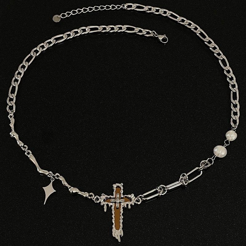 Pearl Mirror Cross Necklace Titanium Steel Pearl Mirror Cross Necklace