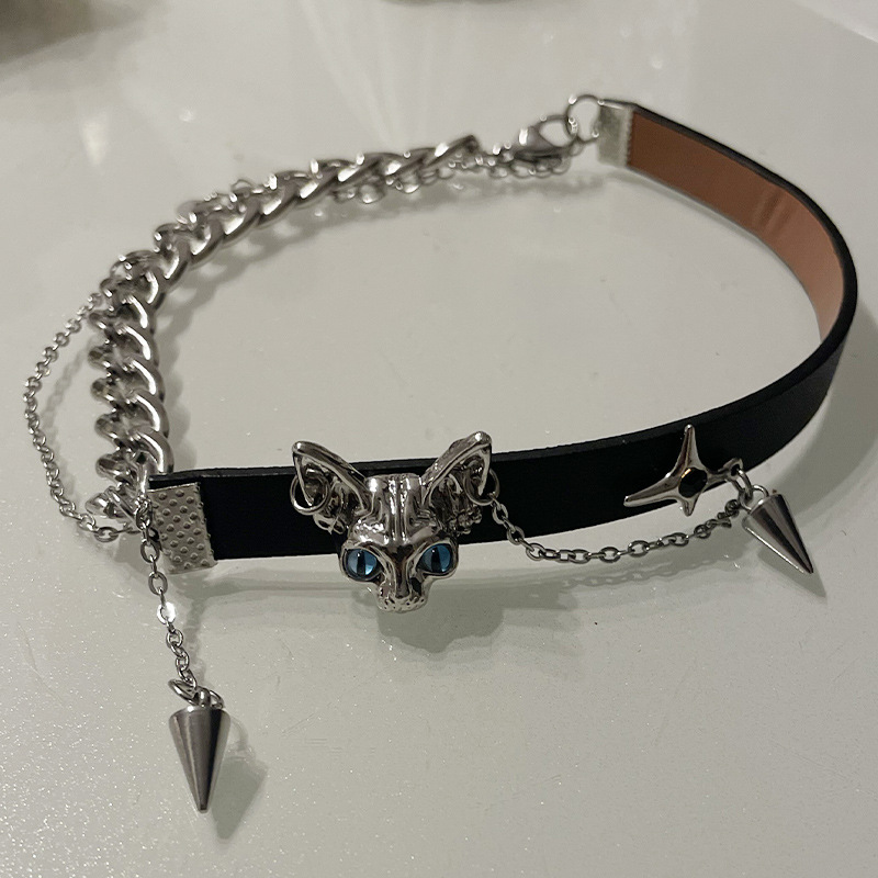 Cat Studded Tassel Necklace Titanium Steel Cat Rivet Tassel Necklace