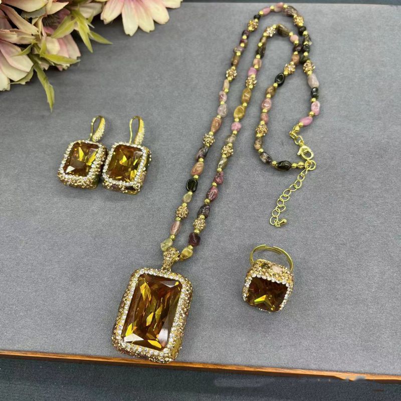 Conjunto De Anillo Pendientes Y Collar Cuadrado Con Diamantes De Metal