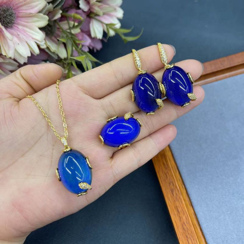 Conjunto De Anillo Pendientes Y Collar De Cristal Ovalado De Metal