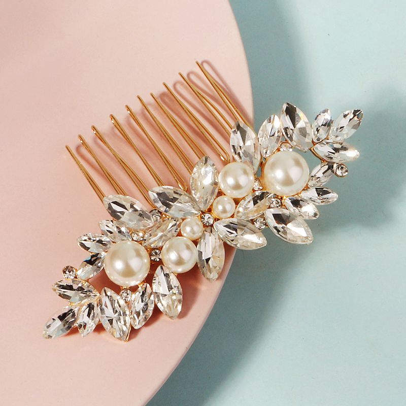 Gold Alloy Diamond Pearl Hair Comb