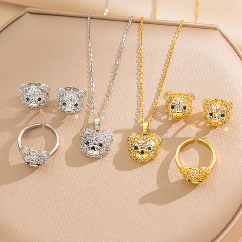 Steel Bear-set Titanium Steel Diamond Bear Necklace Earrings Ring Set