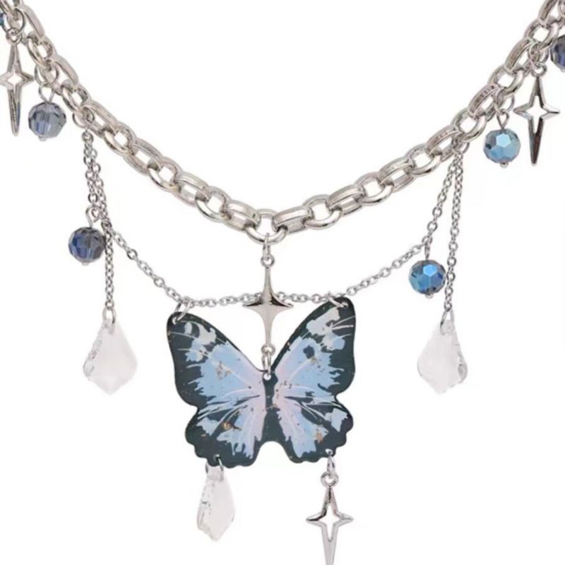 Blue Butterfly Tassel Necklace Alloy Butterfly Tassel Necklace