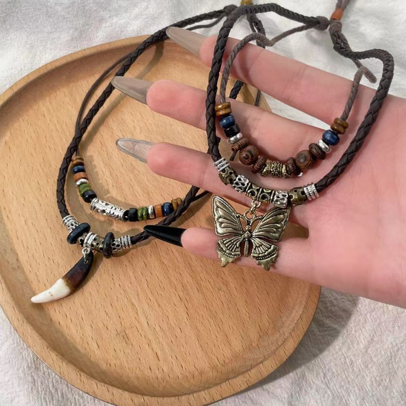 Butterfly Ethnic Style Beaded Necklace Alloy Beaded Butterfly Double Layer Necklace