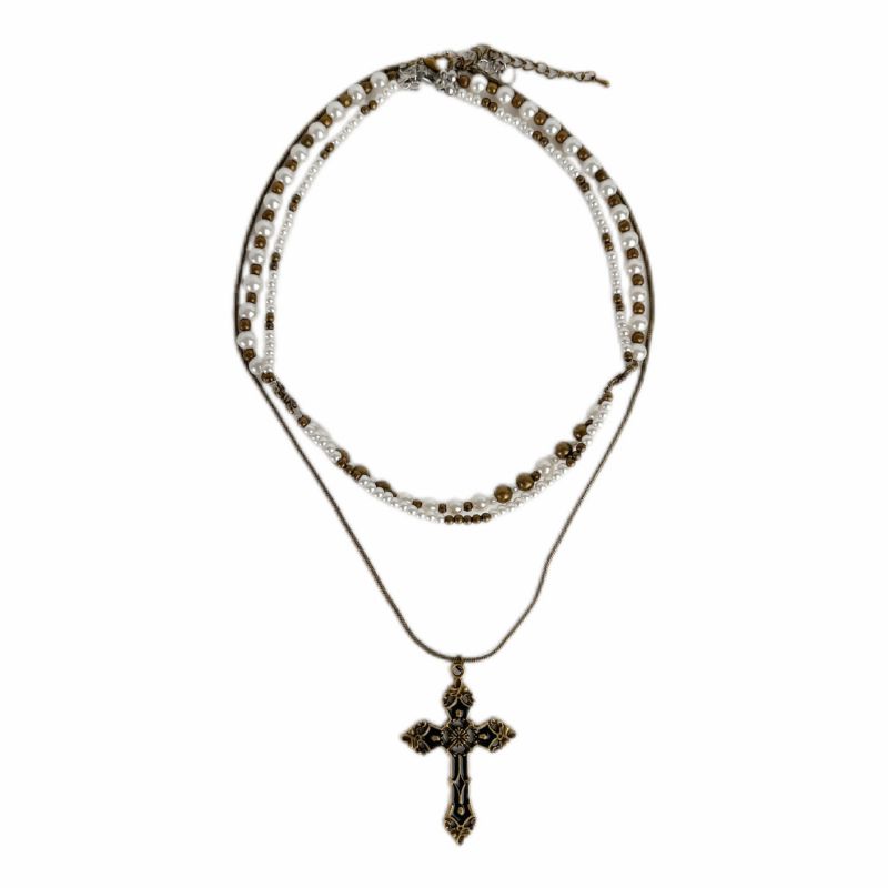 Cross Pendant Necklace Alloy Pearl Beaded Cross Double Layer Necklace