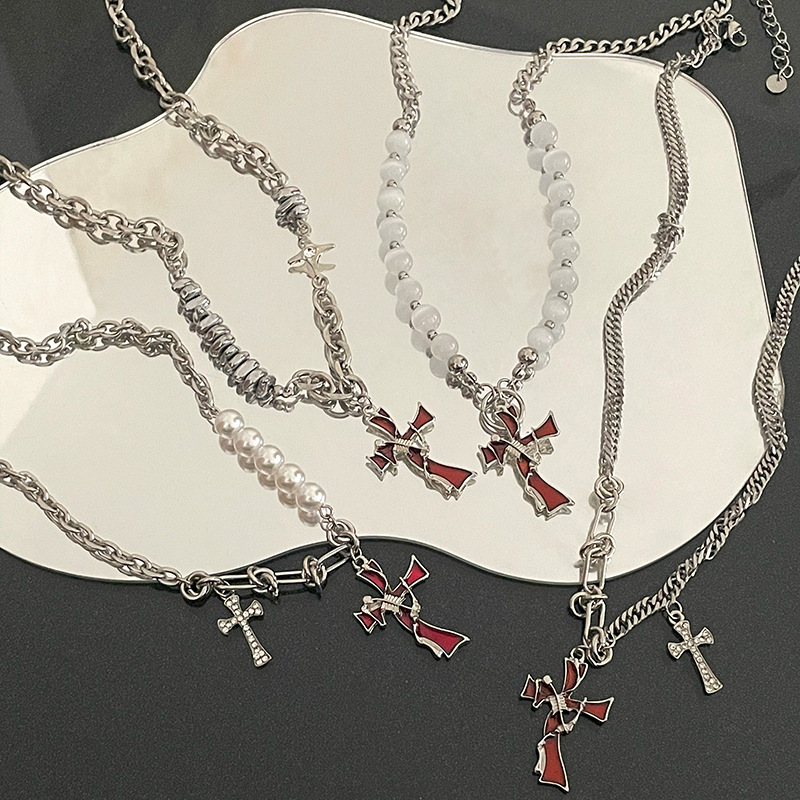Red Cross Cat's Eye Necklace Titanium Steel Diamond Cross Necklace