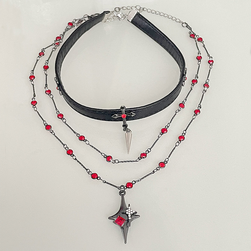 Cross Layered Leather Necklace Alloy Diamond Cross Multi-layer Necklace