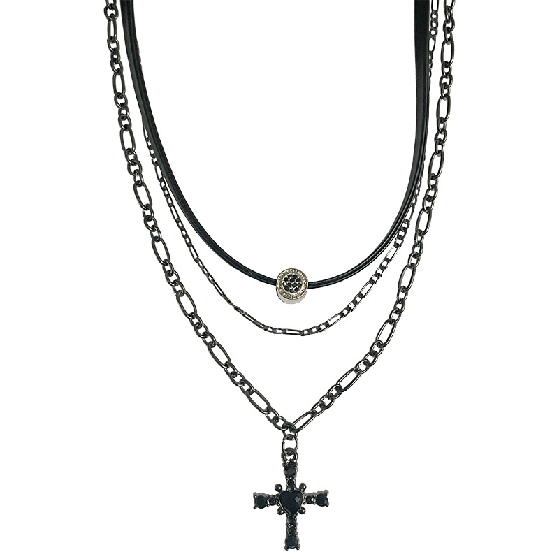 Cross Layered Black Necklace Alloy Diamond Cross Multi-layer Necklace