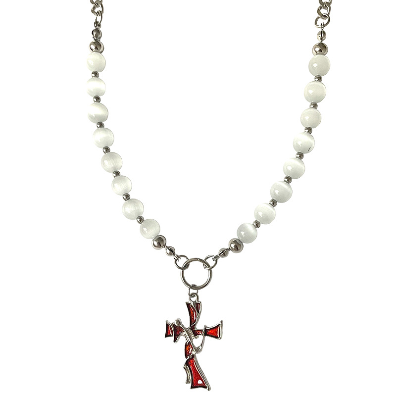 Red Cross Cat's Eye Necklace Titanium Steel Cross Cat's Eye Beaded Necklace