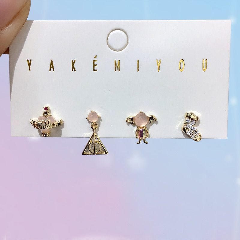 Gold Copper Inlaid Zircon Cartoon Earrings 4-piece Set