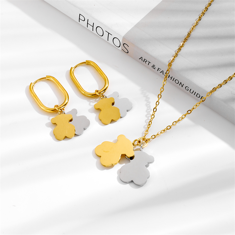 Gold Stainless Steel Bear Necklace Earring Set