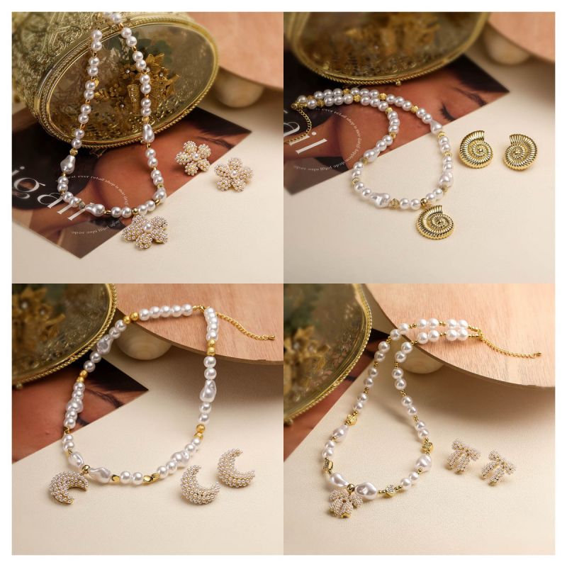 Conjunto De Collar Y Aretes De Pentagrama Con Cuentas De Perlas De Cobre
