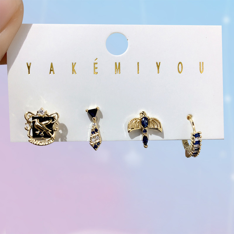 Gold Copper Inlaid Zircon Irregular Earrings 4-piece Set