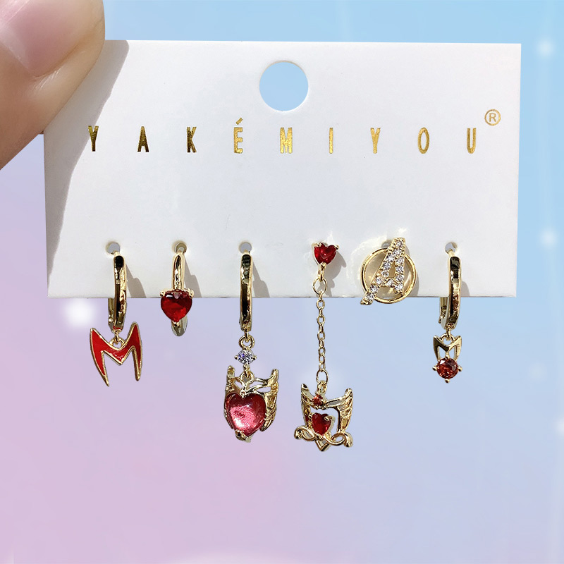 Gold Copper Inlaid Zircon Cartoon Oil Drip Irregular Earrings 6-piece Set