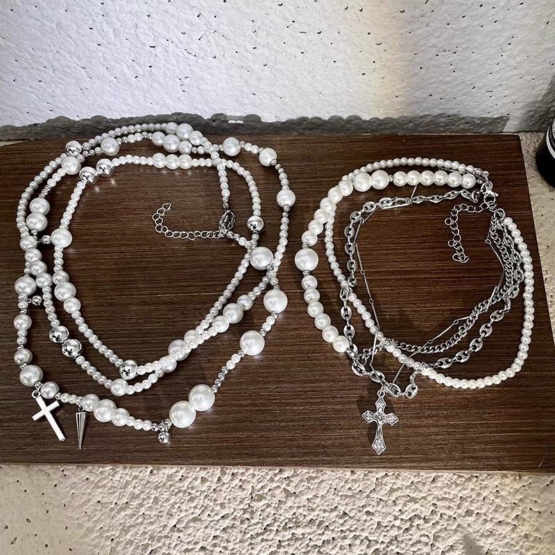 Silver Pearl Beaded Cross Layered Necklace