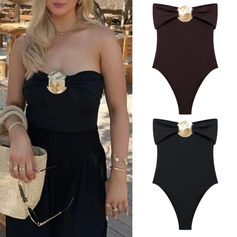 Black Metallic Bandeau Bodysuit