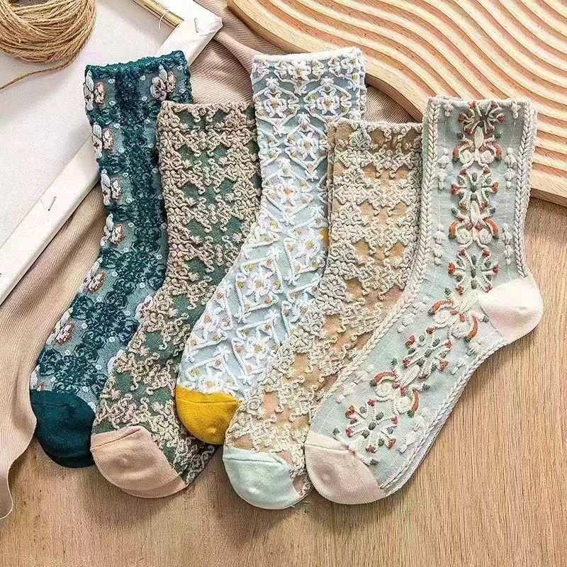 Calcetines Hasta La Pantorrilla Florales (lote Mínimo De 5 Piezas)