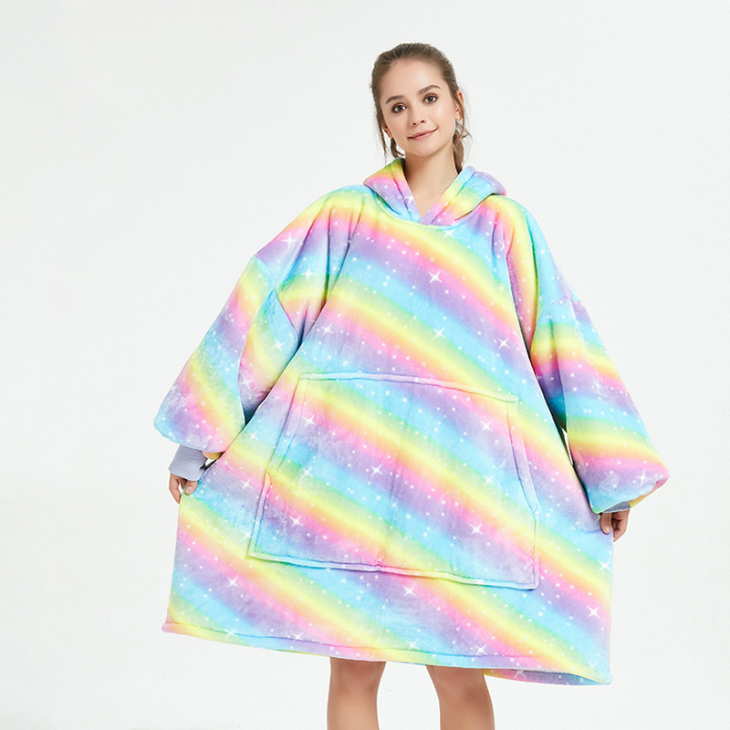 Rainbow 8 Flannel Double Pocket Hooded Sweater Blanket