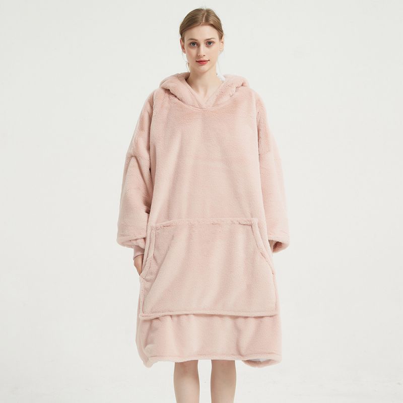 Light Pink Flannel Double Pocket Hooded Sweater Blanket