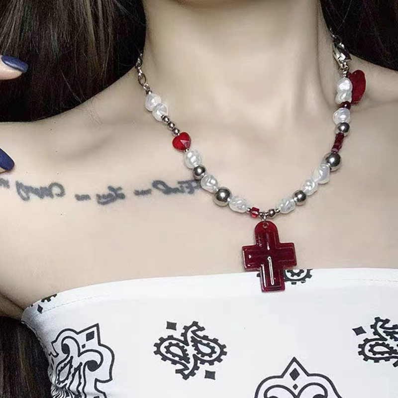 Red Cross Heart Necklace Alloy Cross Heart Necklace
