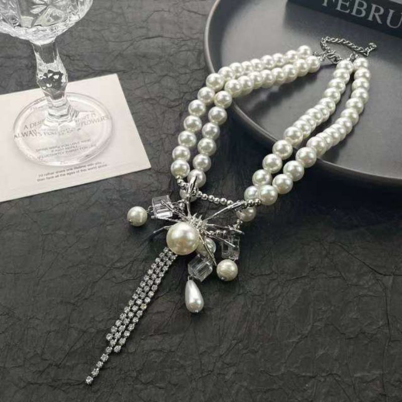 Pearl Tassel Spider Necklace Alloy Pearl Beaded Double Layer Necklace