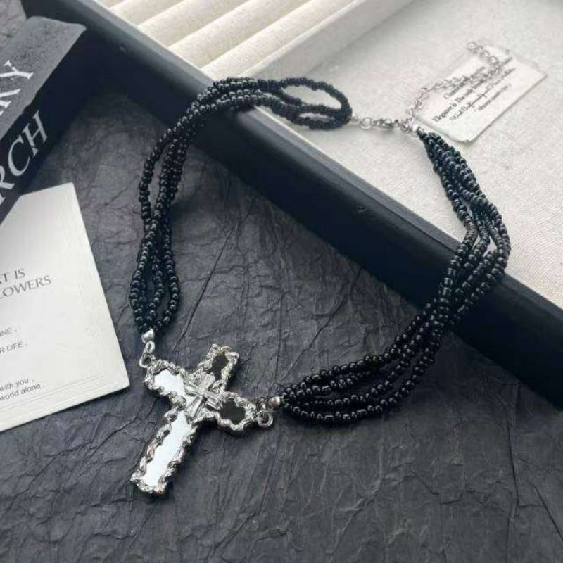 Cross Layered Necklace Alloy Beaded Cross Necklace