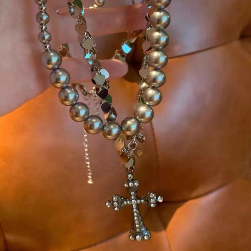 Double Layer Sequin Necklace Alloy Pearl Beaded Diamond Cross Double Layer Necklace