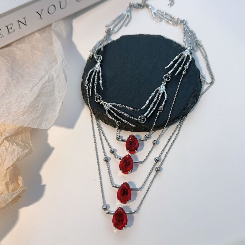 Multi-layered Red Zircon Claw Necklace Alloy Diamond Teardrop-shaped Claw Multi-layer Necklace