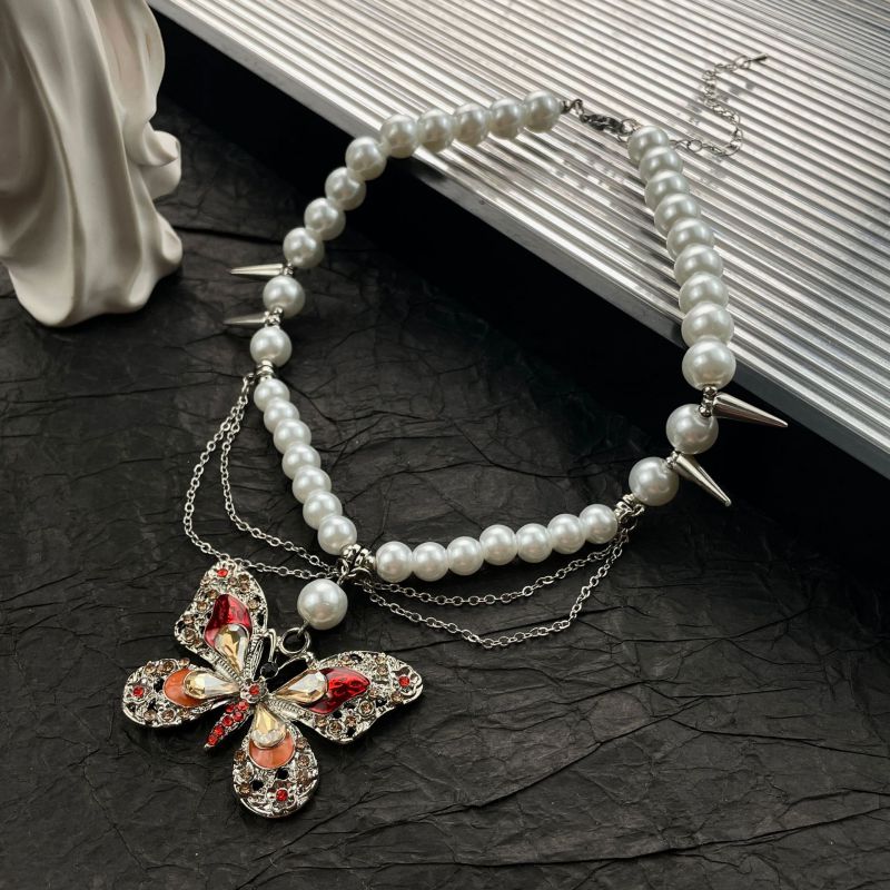 Pearl Necklace Pearl Beaded Diamond Butterfly Necklace
