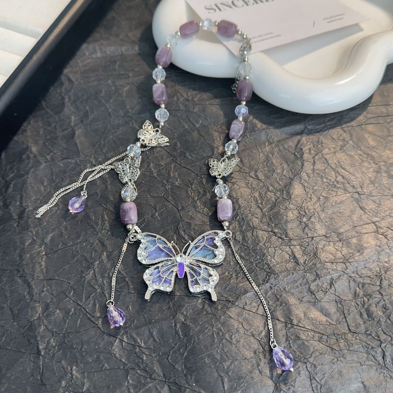 Purple Crystal Butterfly Beaded Necklace Alloy Crystal Butterfly Beaded Necklace