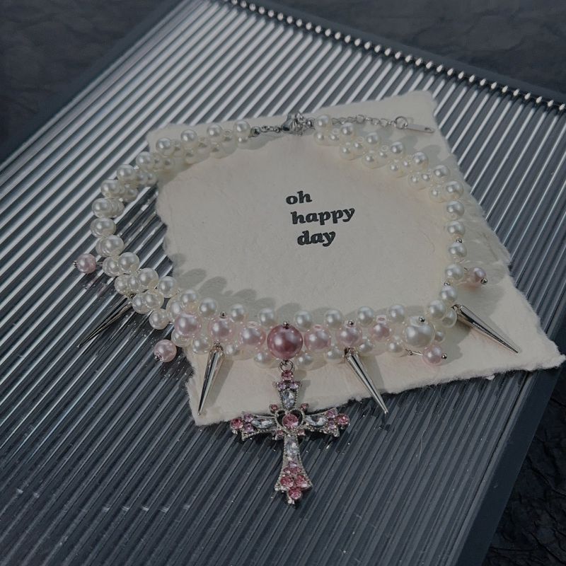 Pink Pearl Cross Necklace Pearl Beaded Diamond Cross Necklace