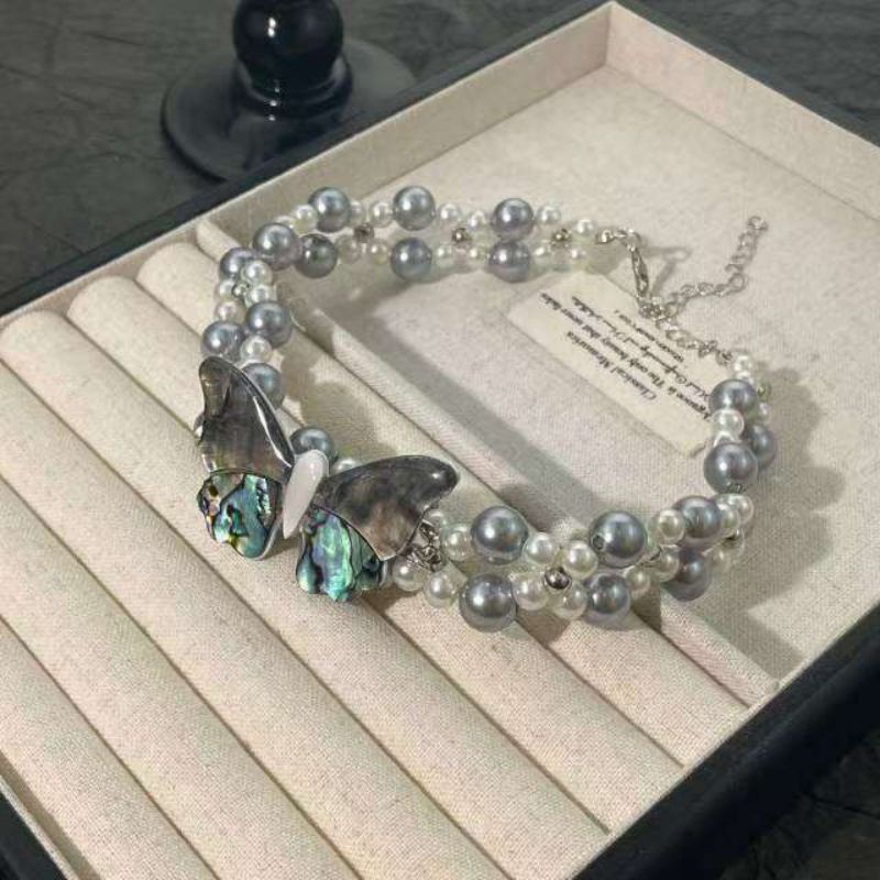 Crystal Shell Butterfly Beaded Necklace Pearl Beaded Butterfly Necklace