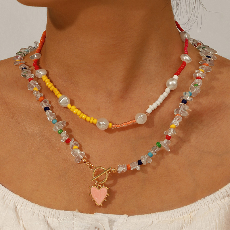 Color Copper Drip Oil Heart Ot Buckle Natural Stone Rice Bead Beaded Contrast Color Necklace Set