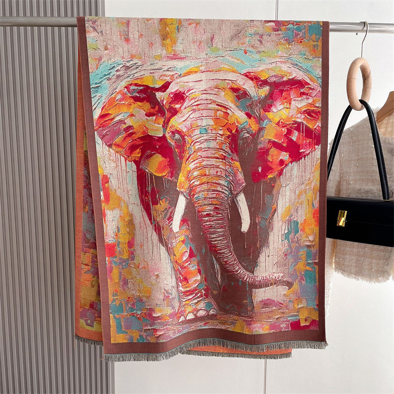 Colorful Elephant Faux Cashmere Printed Shawl