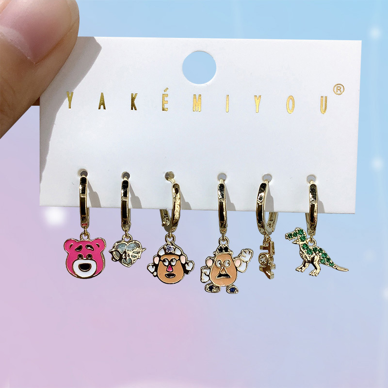 Gold Copper Inlaid Zircon Oil Drop Cartoon Earrings 6-piece Set