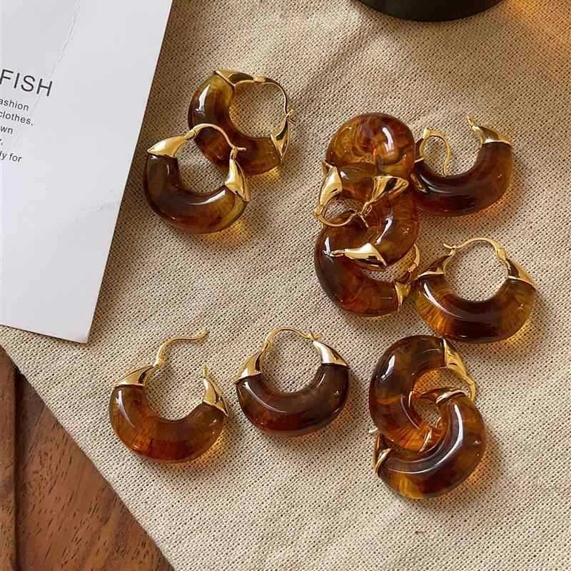 Earrings-gold-brown Resin Geometric Round Earrings