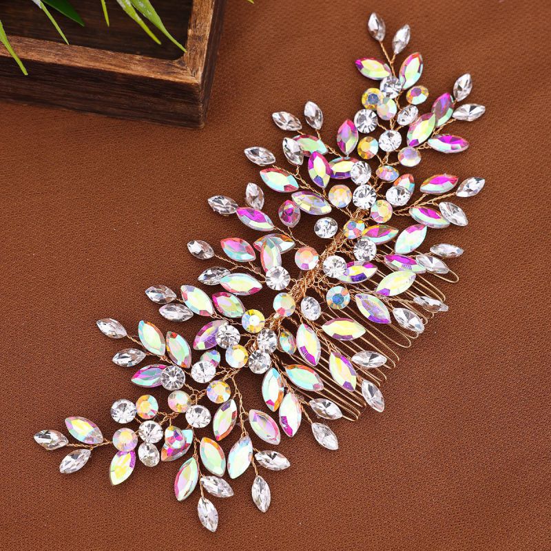 Green Metal Diamond Leaf Hair Comb