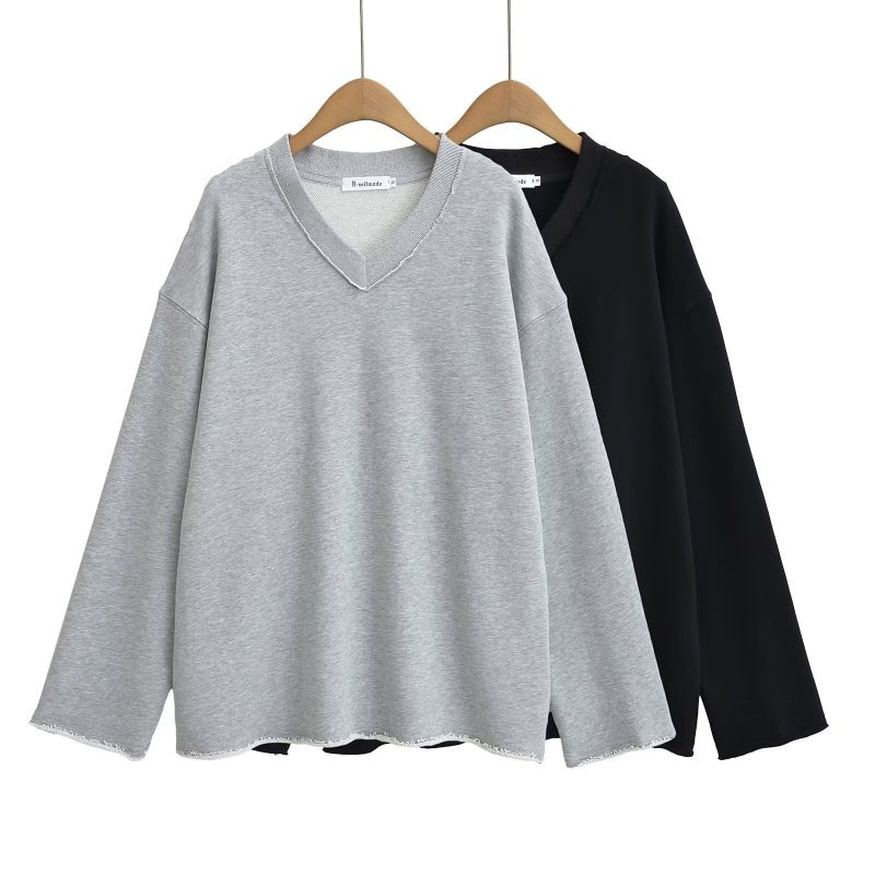 Sudadera De Algodón Con Cuello En V Y Dobladillo Remangado
